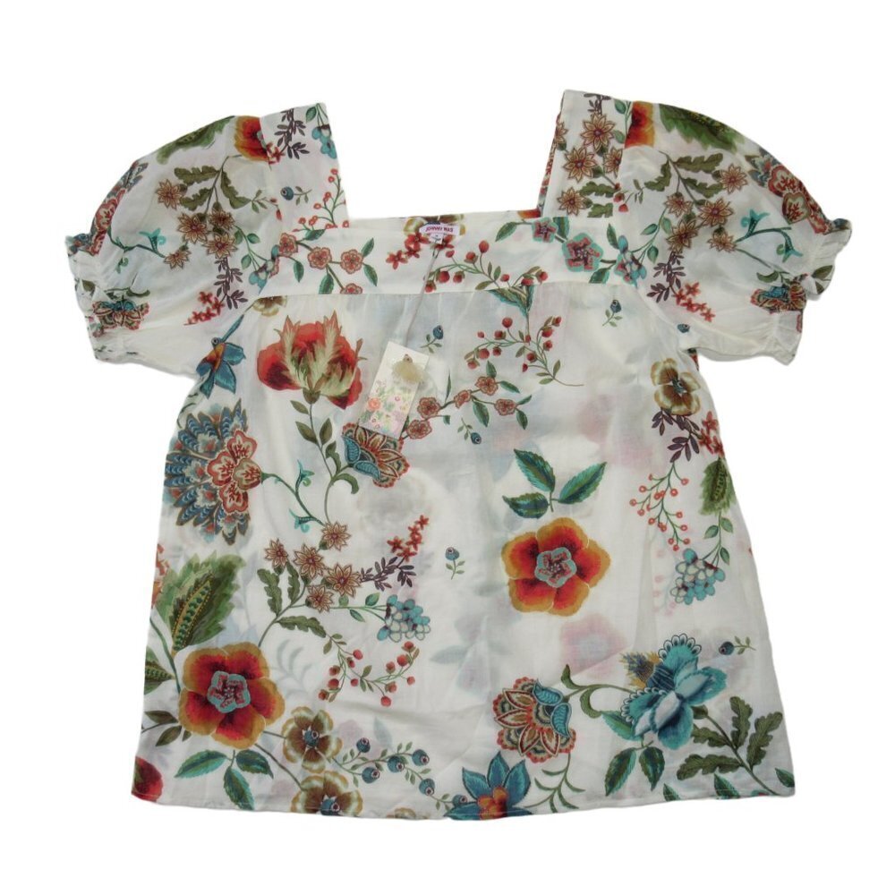 NWT Johnny Was Ekru Ardell Puff Sleeve Top in Ivory Floral Print Sheer Blouse M